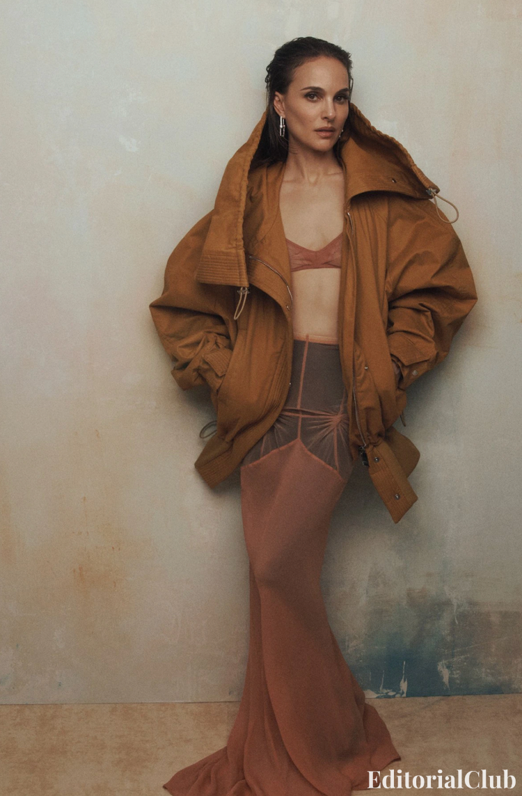 Full-length shot of Natalie Portman in rust-toned sheer skirt and oversized jacket for Vogue Australia May 2025 editorial feature