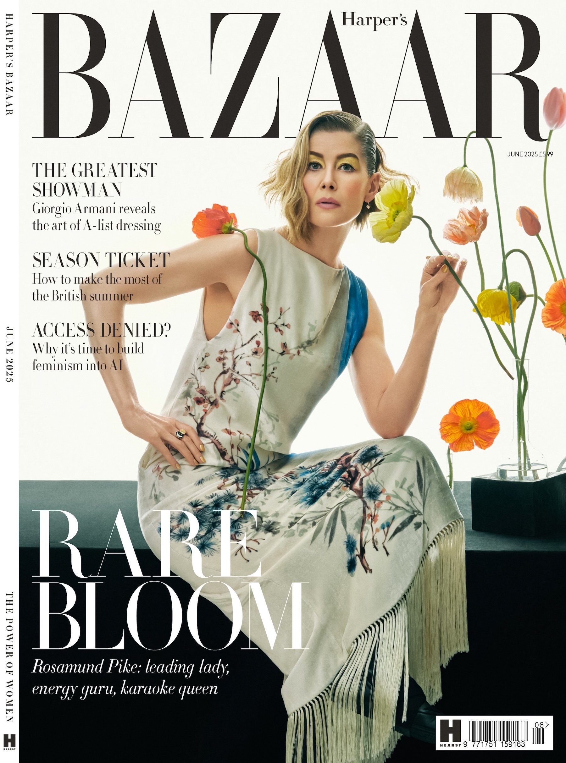 Rosamund Pike on the cover of Harper’s Bazaar UK June 2025 wearing a floral embroidered dress surrounded by poppy flowers
