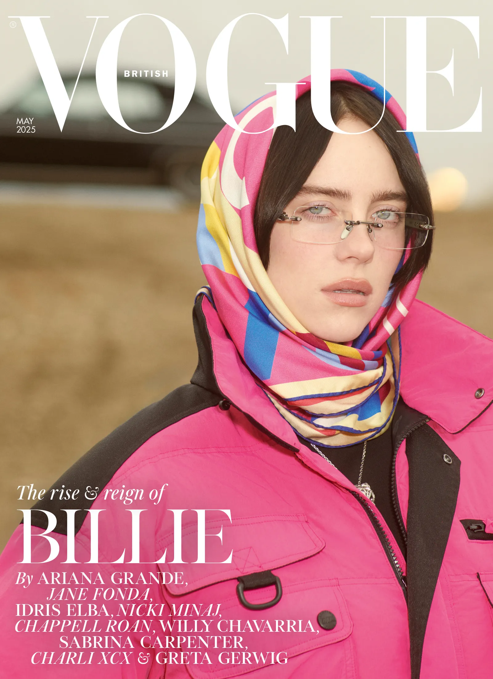 Close-up British Vogue May 2025 cover of Billie Eilish wearing a colorful headscarf, pink jacket, and rimless glasses, embracing vintage elegance with a modern twist.