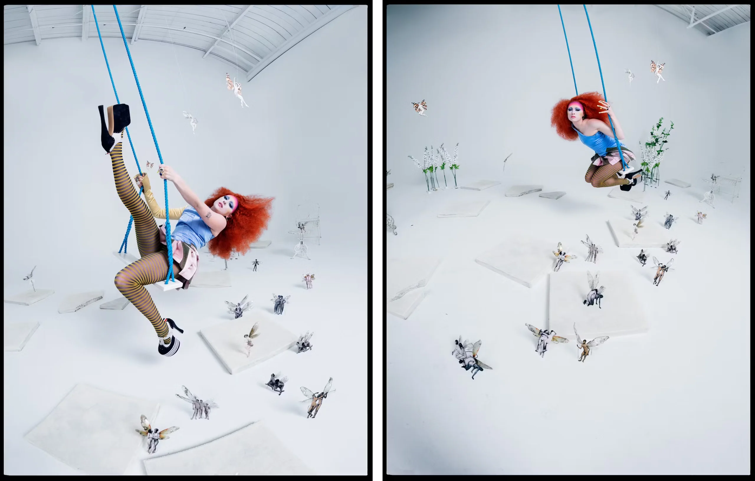 Diptych of Chappell Roan on a swing in striped stockings, blue top, and red wig, with miniature fairy cutouts scattered throughout a whimsical white room – W Magazine, May 2025.