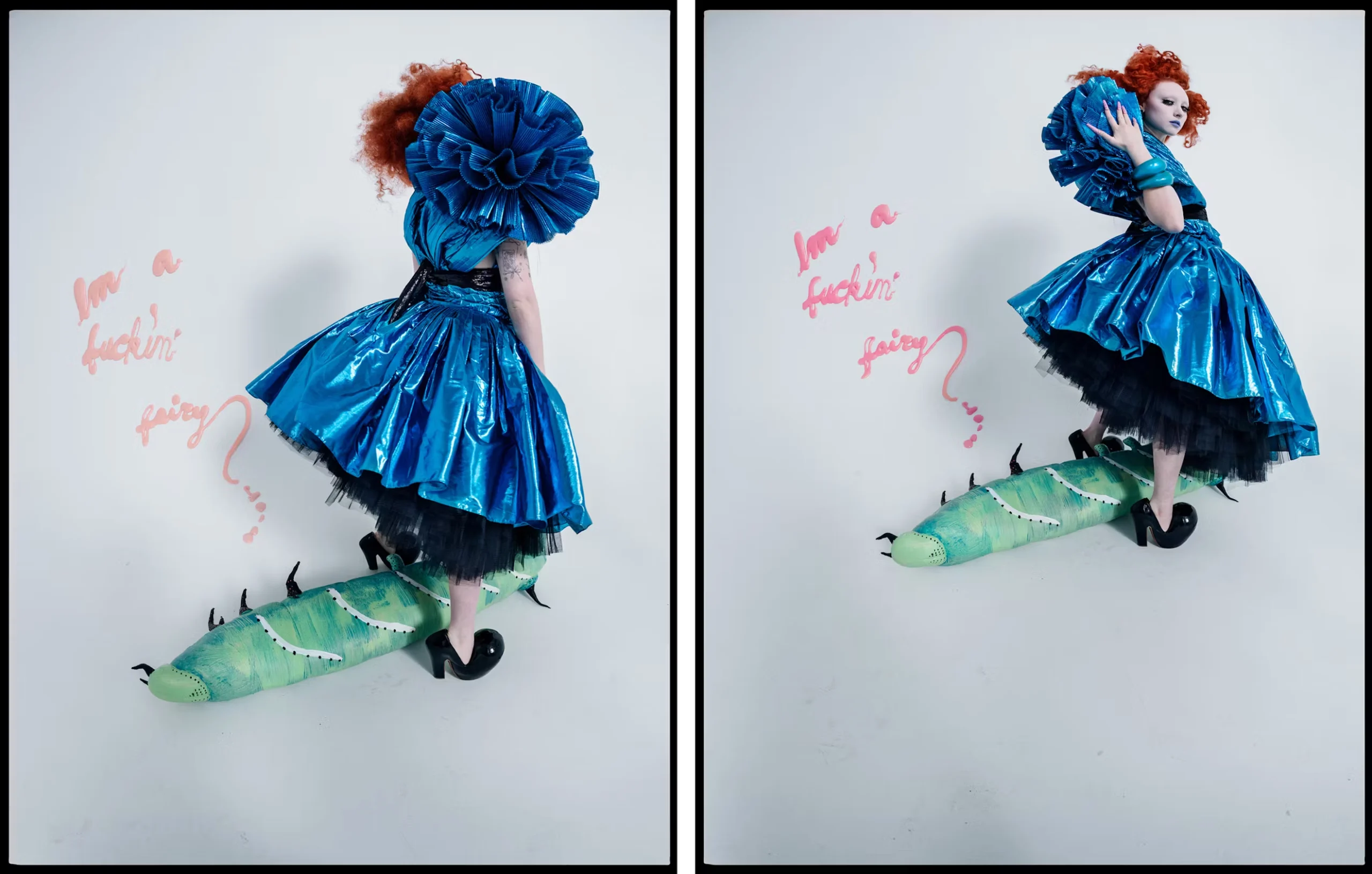 Chappell Roan balances on a giant green caterpillar wearing a voluminous metallic blue dress and black platform heels, with “I'm a fuckin' fairy?” written in pink on the wall behind.