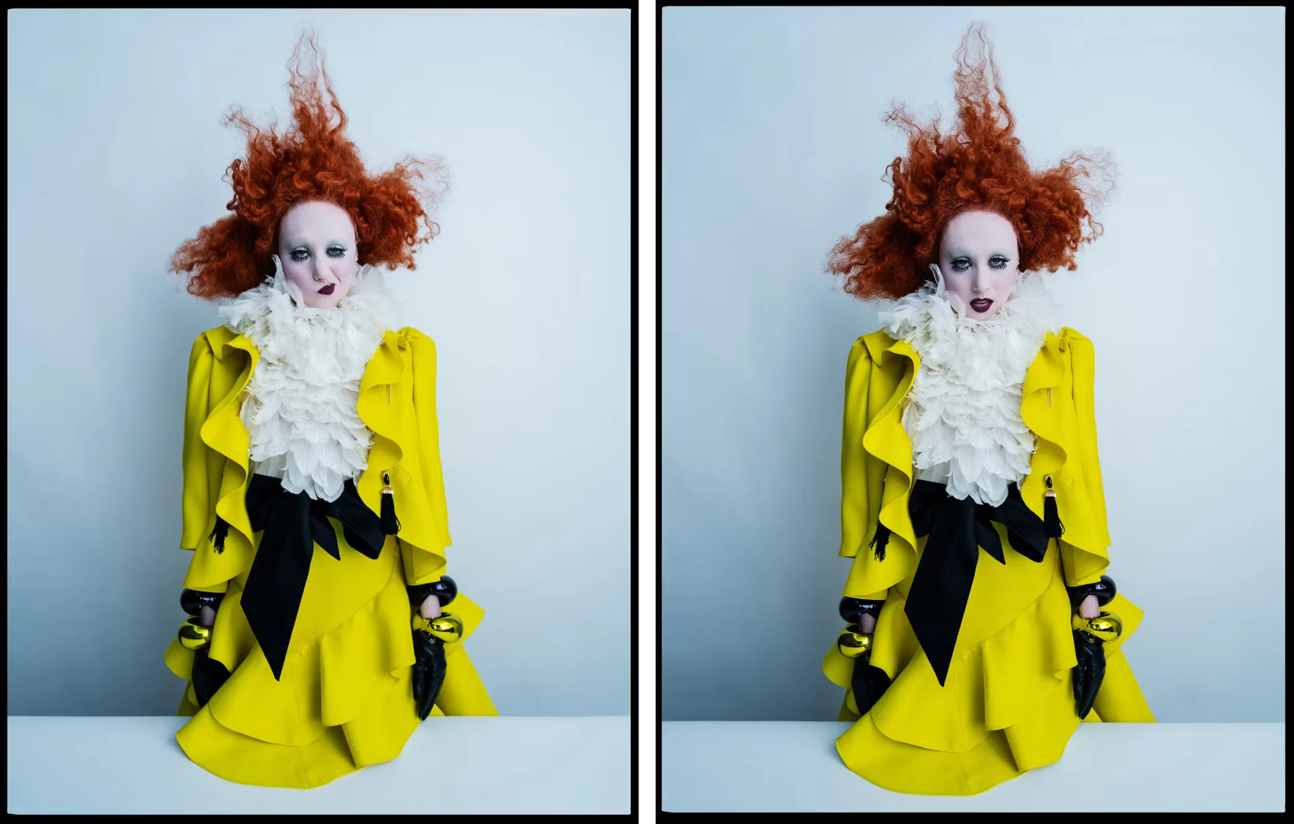 Chappell Roan poses dramatically in a structured yellow ruffled dress with a black bow and oversized white ruffled collar, styled with bold red hair and avant-garde makeup.