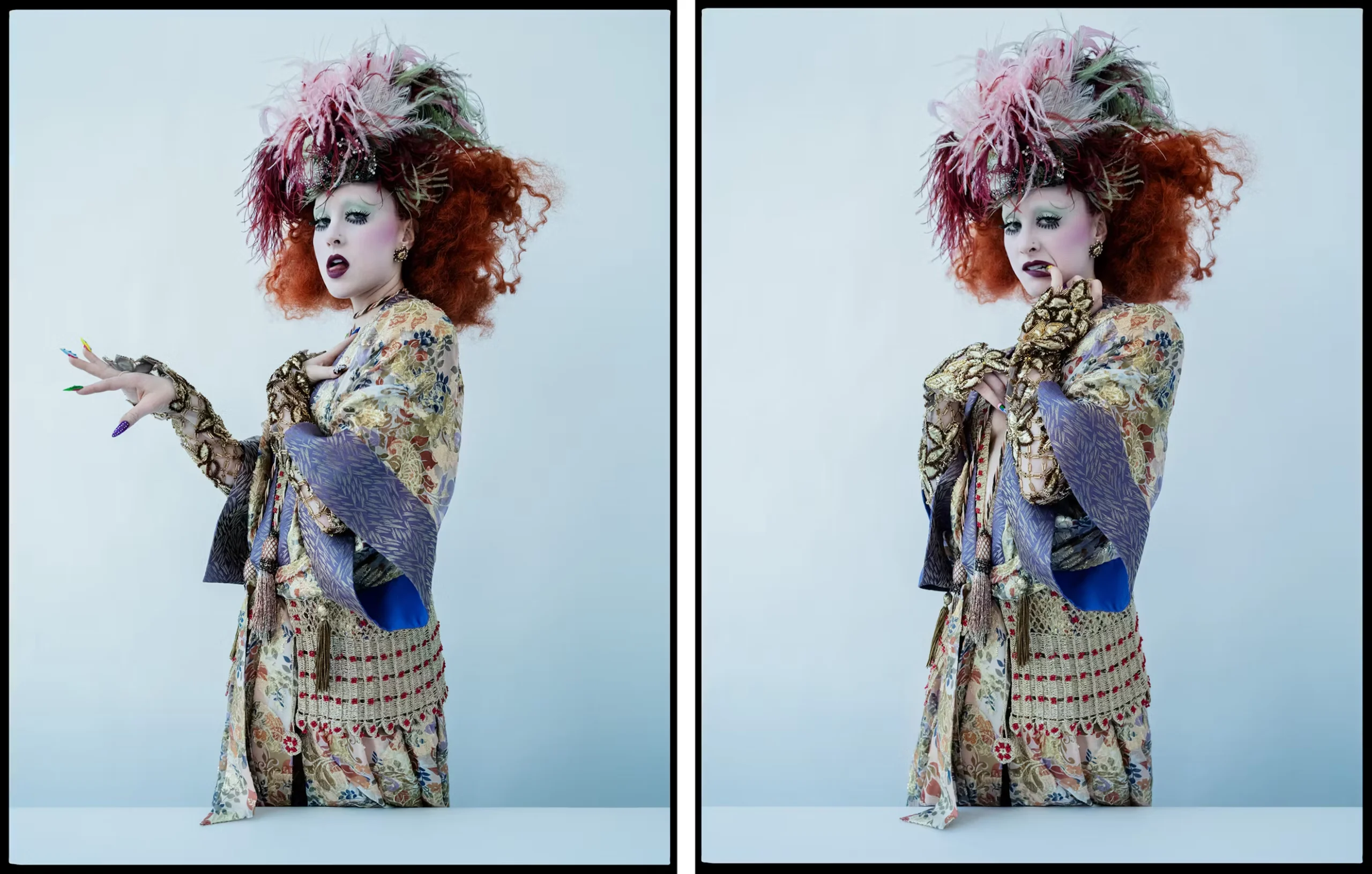 Chappell Roan wears an elaborate brocade kimono with gold gloves and a vibrant feather headpiece, channeling theatrical glamour against a soft blue background.