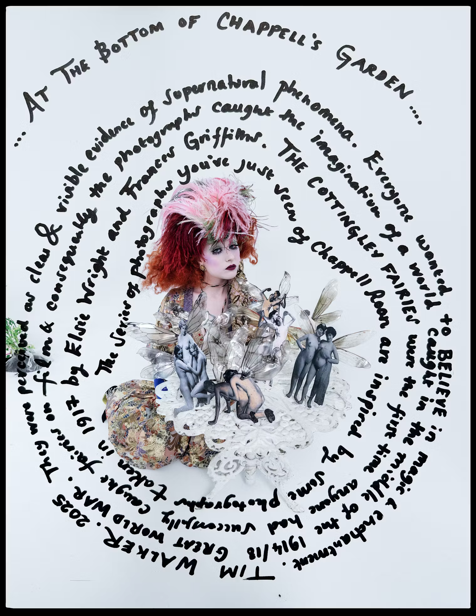 Chappell Roan sits with fairies arranged around her and text spiraling on the backdrop, referencing Cottingley fairies and magical inspiration – W Magazine, May 2025 Pop Issue.