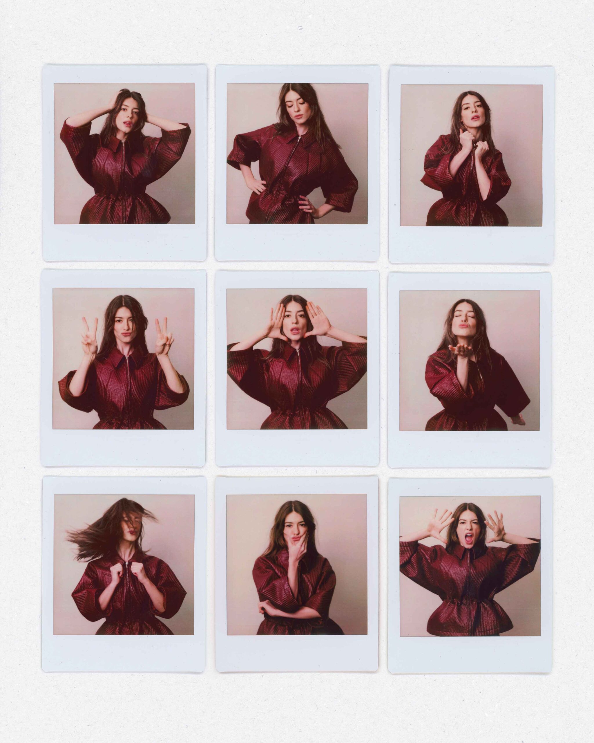 Nine Polaroid-style portraits of Daisy Edgar-Jones expressing playful and dramatic moods in a burgundy outfit for Flaunt Magazine April 2025.