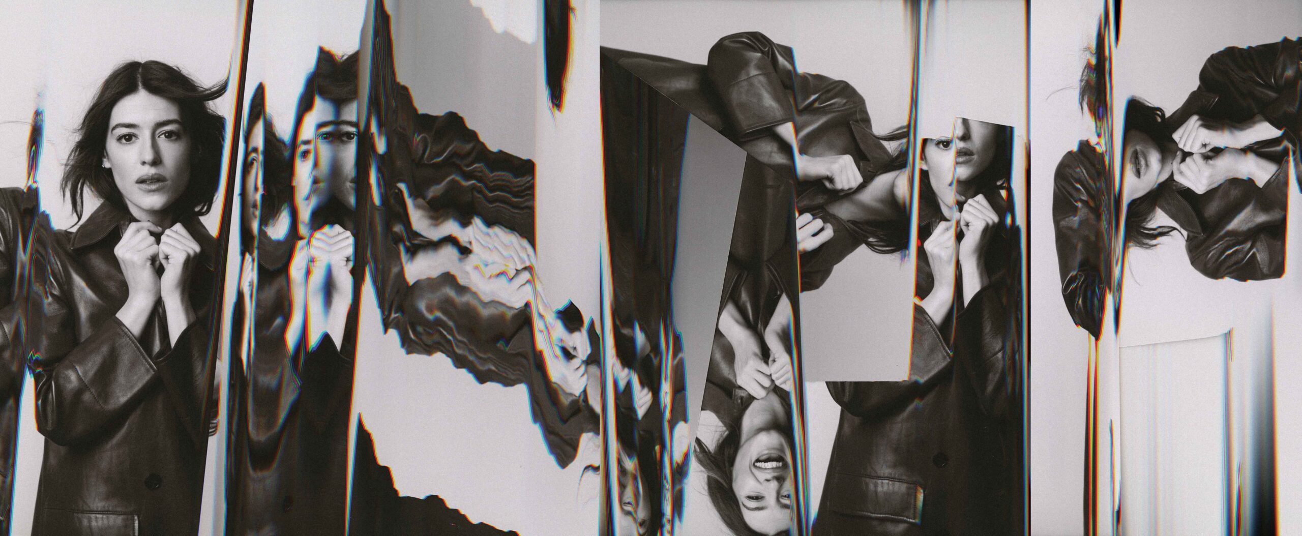 Daisy Edgar-Jones photographed in a leather jacket with fragmented mirror effects, creating a kaleidoscopic visual for Flaunt April 2025.