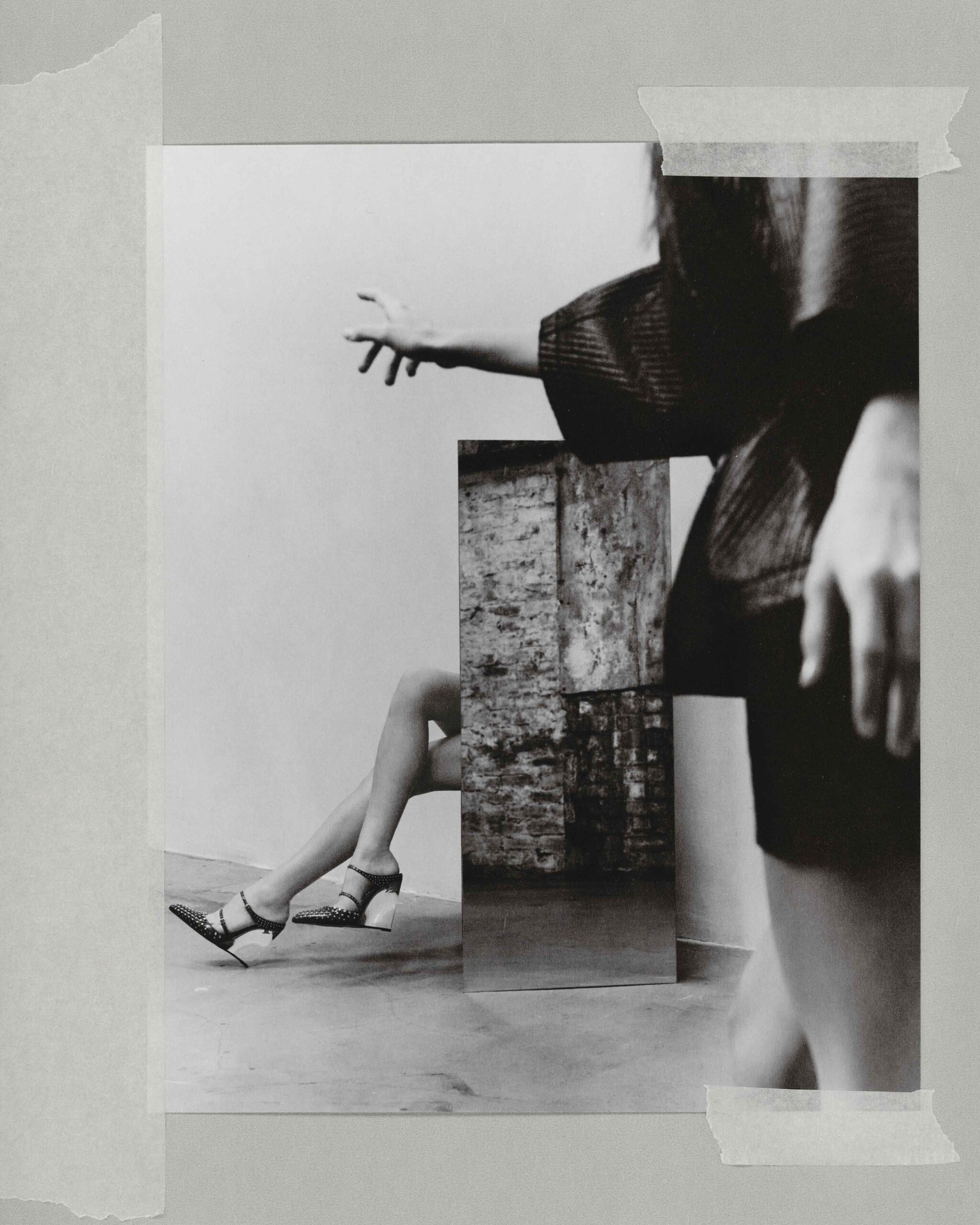 Conceptual black-and-white collage of Daisy Edgar-Jones’s legs and hand with mirror reflections for Flaunt Magazine April 2025.