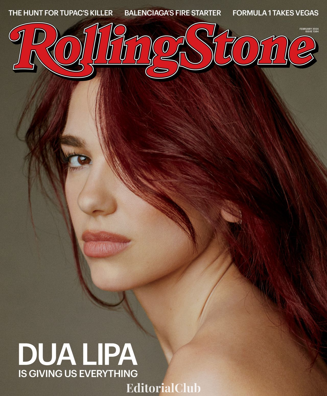 Close-up of Dua Lipa on the cover of Rolling Stone February 2024 issue with auburn hair and soft makeup