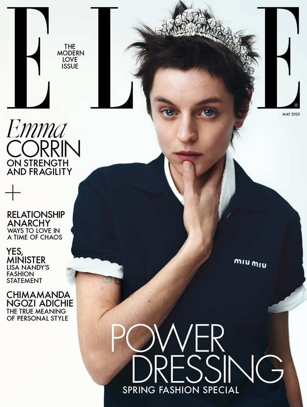 ELLE UK May 2025 cover featuring Emma Corrin in navy Miu Miu dress with tiara, highlighting the theme of power dressing