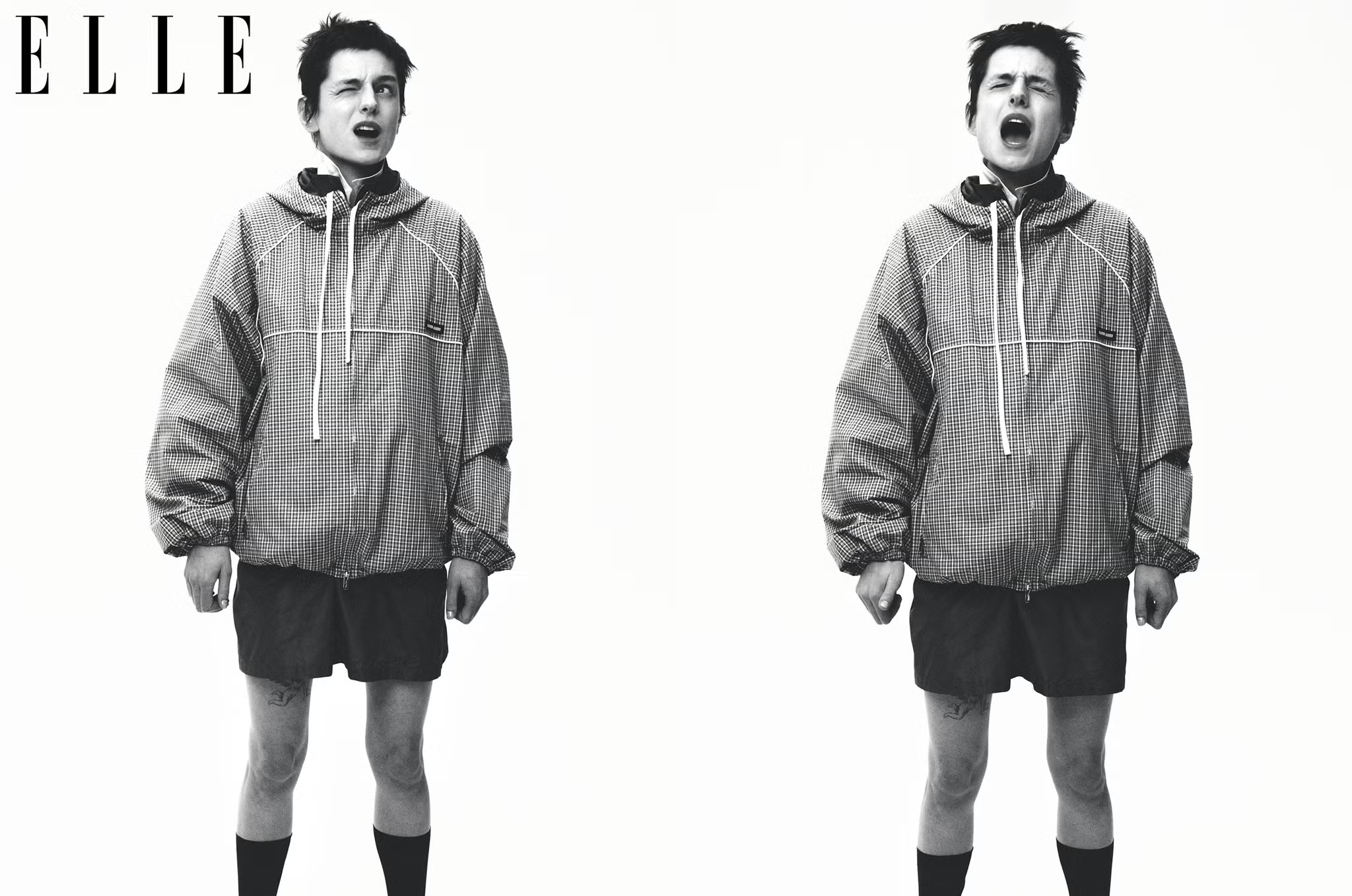Emma Corrin appears in black-and-white dual portrait wearing oversized checkered jacket and shorts for ELLE UK April 2025