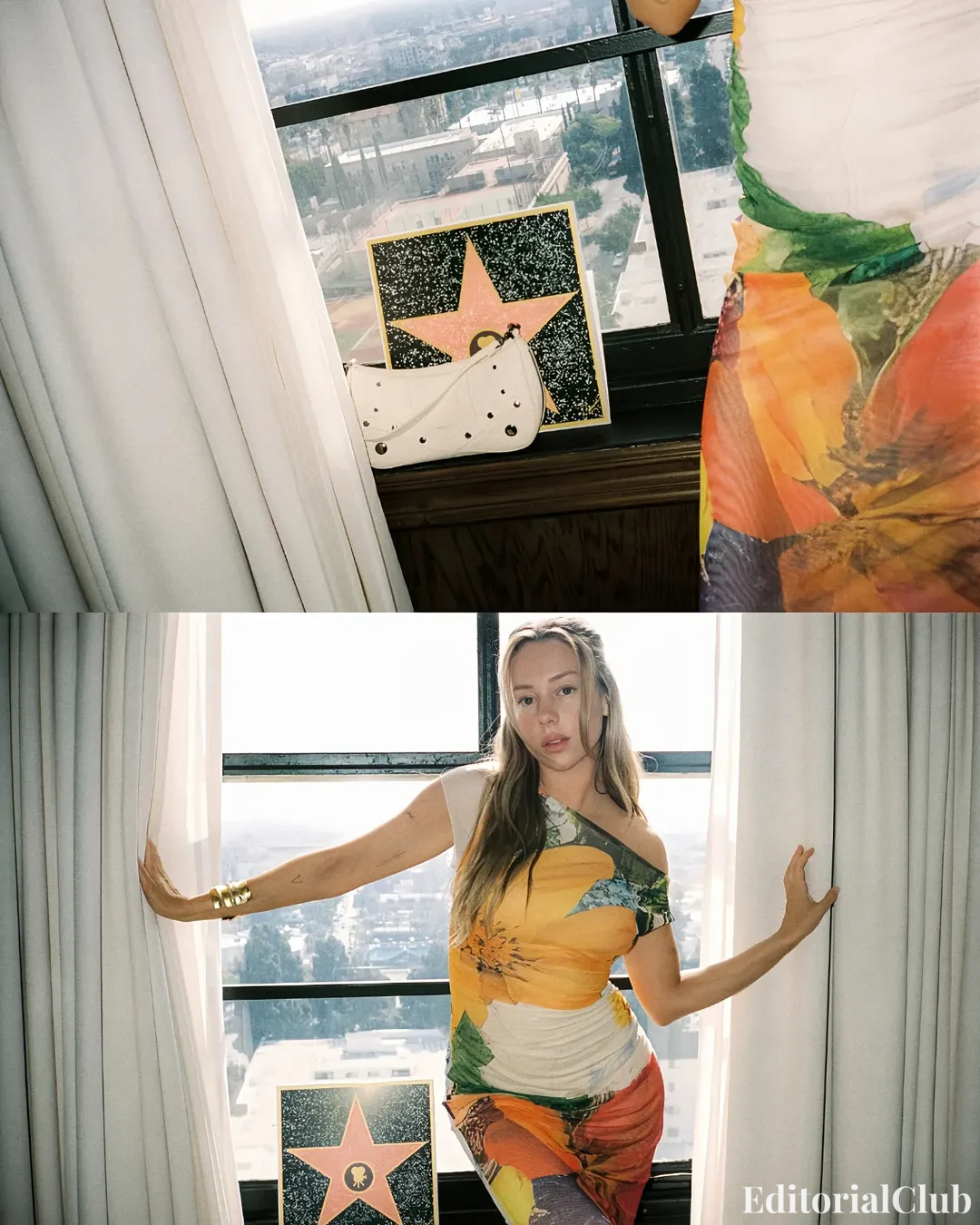Ester Expósito poses by a hotel window in a floral off-shoulder dress, next to a Hollywood Walk of Fame replica – Desigual Not a Doll campaign 2025