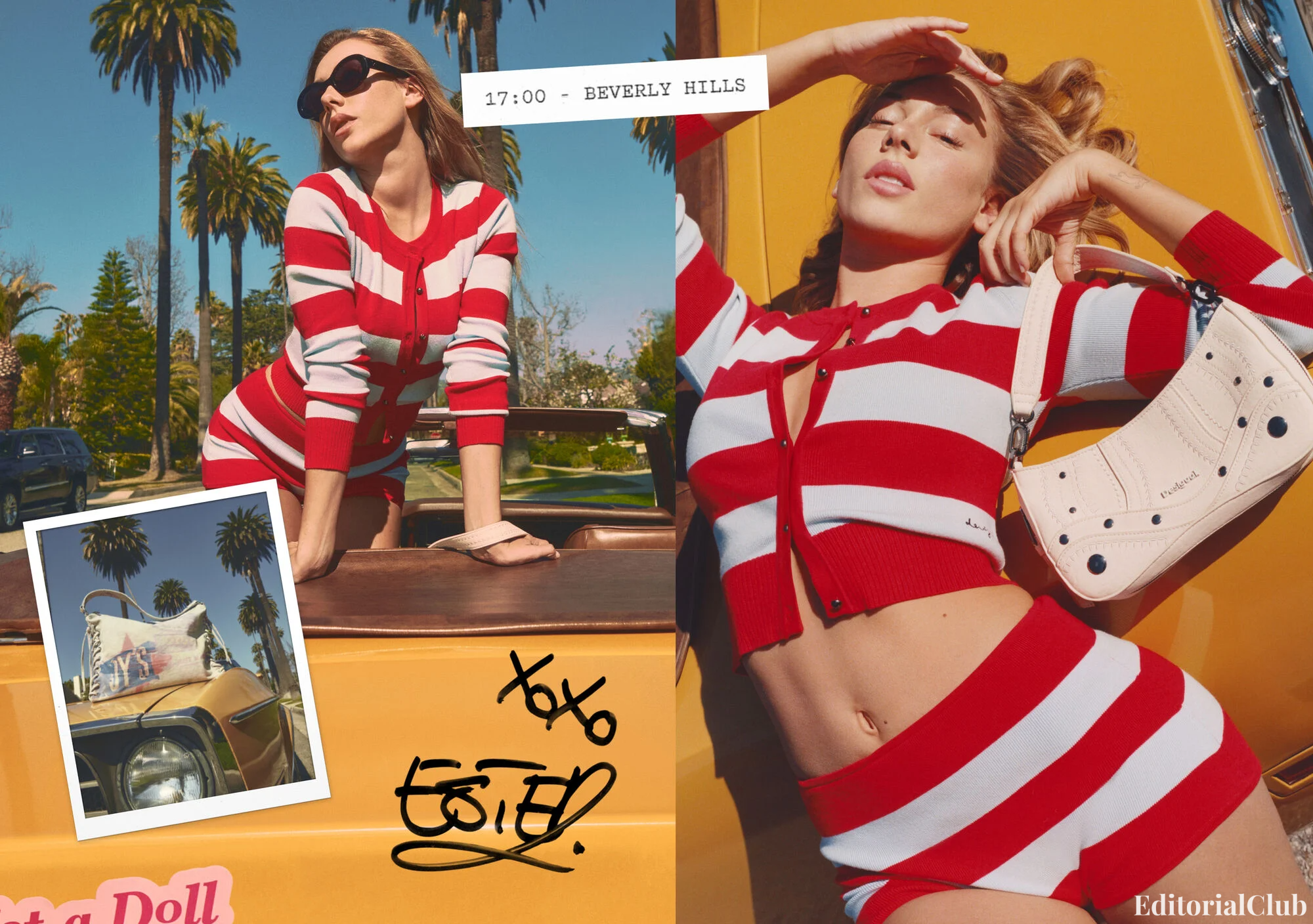 Ester Expósito poses in Beverly Hills wearing a red and white striped knit set with Desigual purse, styled atop a classic convertible in the 'Not a Doll' 2025 campaign.