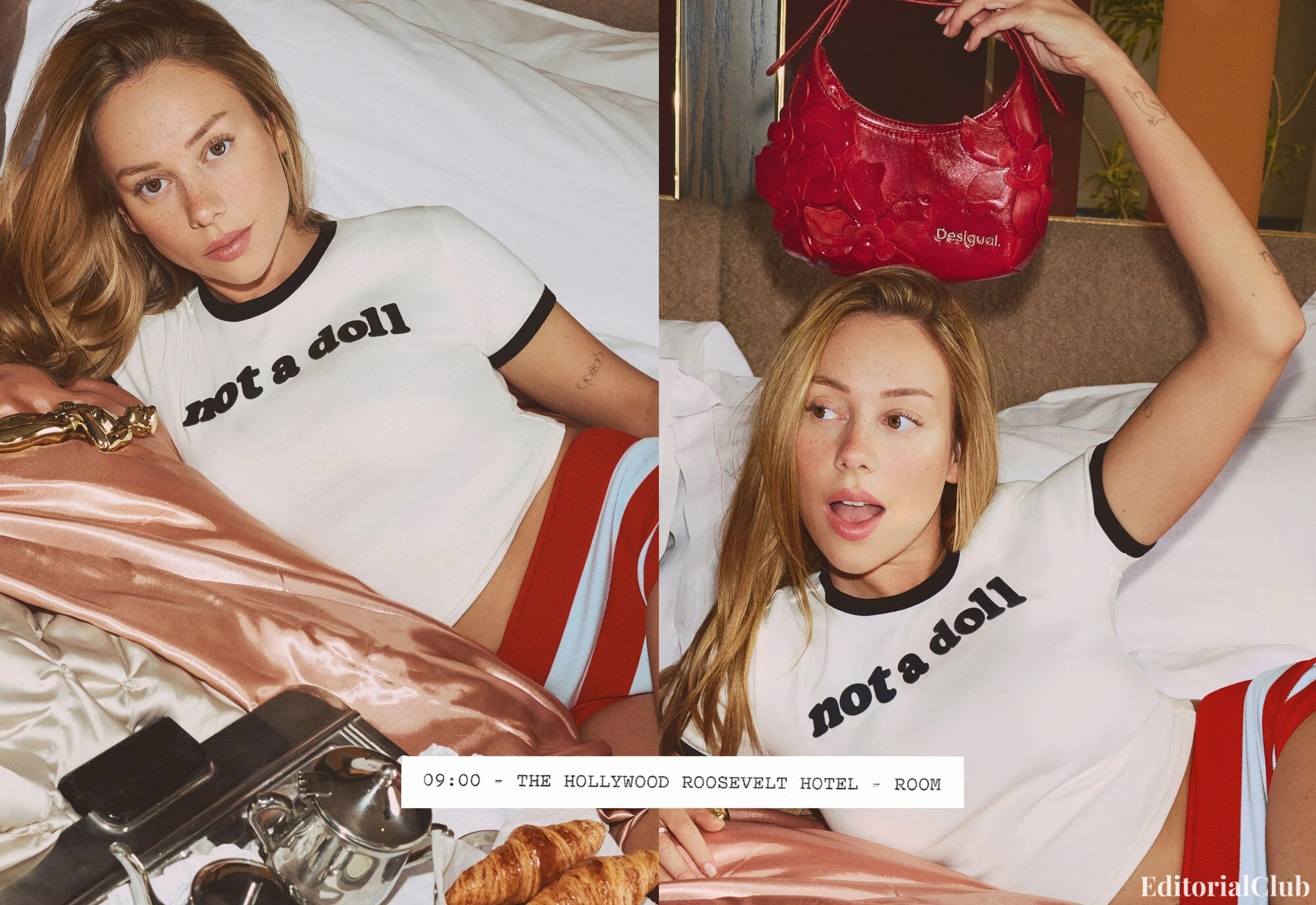 Ester Expósito in a split-shot campaign visual at the Hollywood Roosevelt Hotel, lounging in bed with a Desigual handbag and croissants