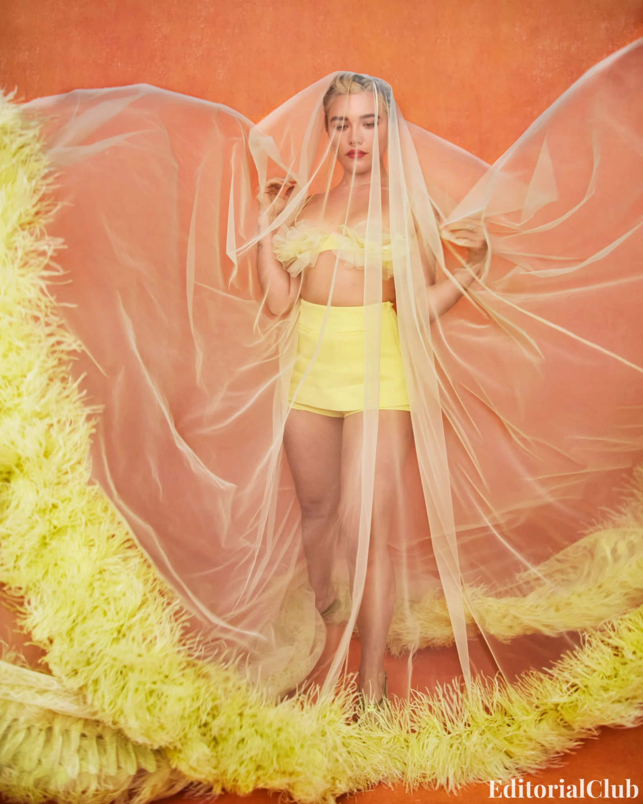 Florence Pugh in a yellow ensemble and sheer veil, framed by a vibrant orange backdrop and feathered detailing.