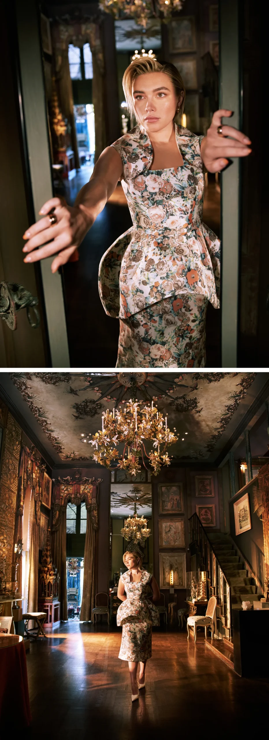 Florence Pugh wearing a structured floral brocade dress inside an opulent interior with chandeliers and antique furniture – Who What Wear May 2025 shoot.