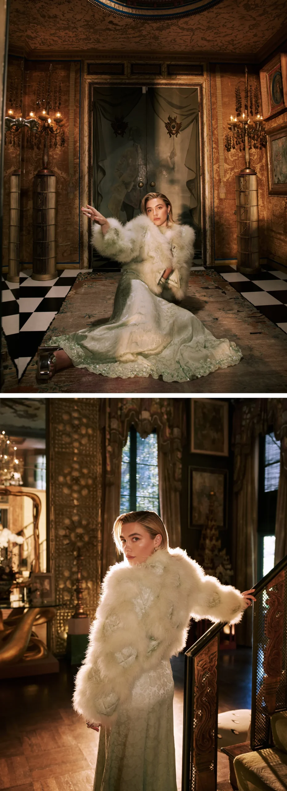 Florence Pugh in a luxurious vintage interior, wearing a pale green lace gown with a white fur coat, surrounded by ornate gold décor – Who What Wear May 2025 fashion editorial.