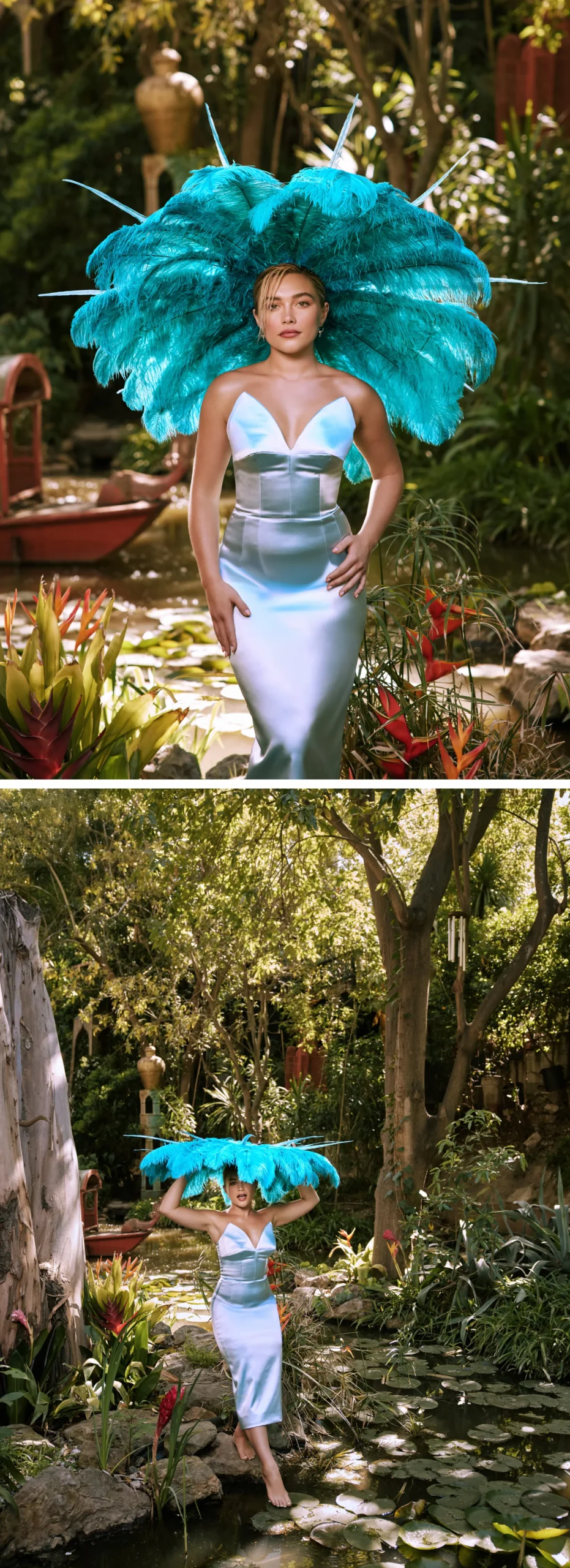 Florence Pugh wearing a turquoise feathered crown and iridescent corset dress in a lush garden scene, blending avant-garde fashion with nature – Who What Wear May 2025.