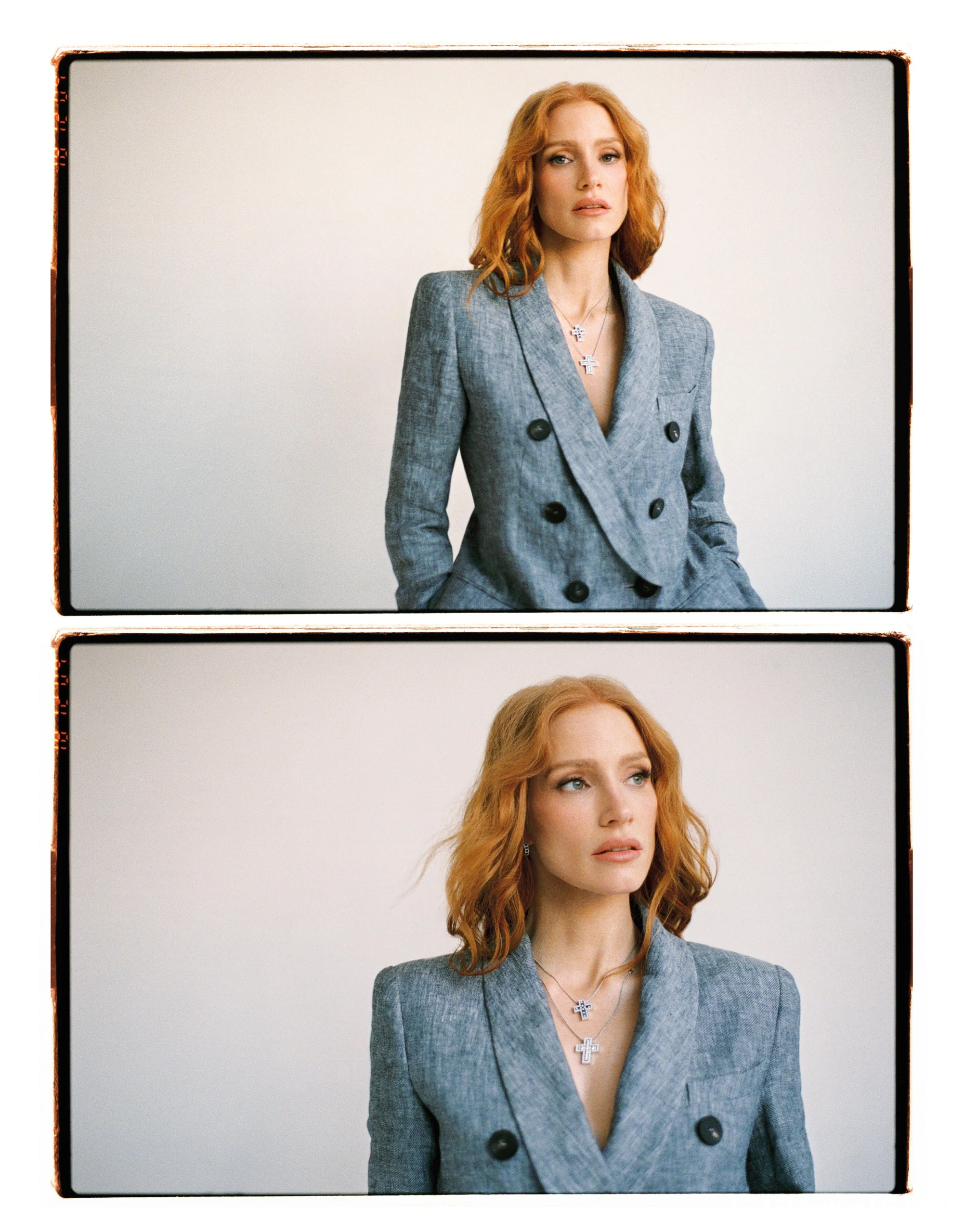 Jessica Chastain in a grey double-breasted suit and cross necklaces for ELLE Spain April 2025 editorial