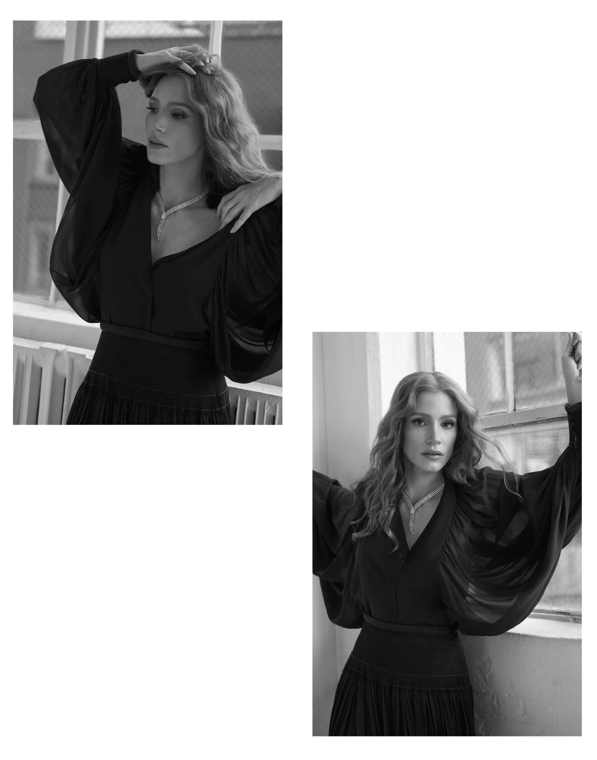 Jessica Chastain in black-and-white portraits wearing a flowing dark blouse with dramatic sleeves for ELLE Spain April 2025