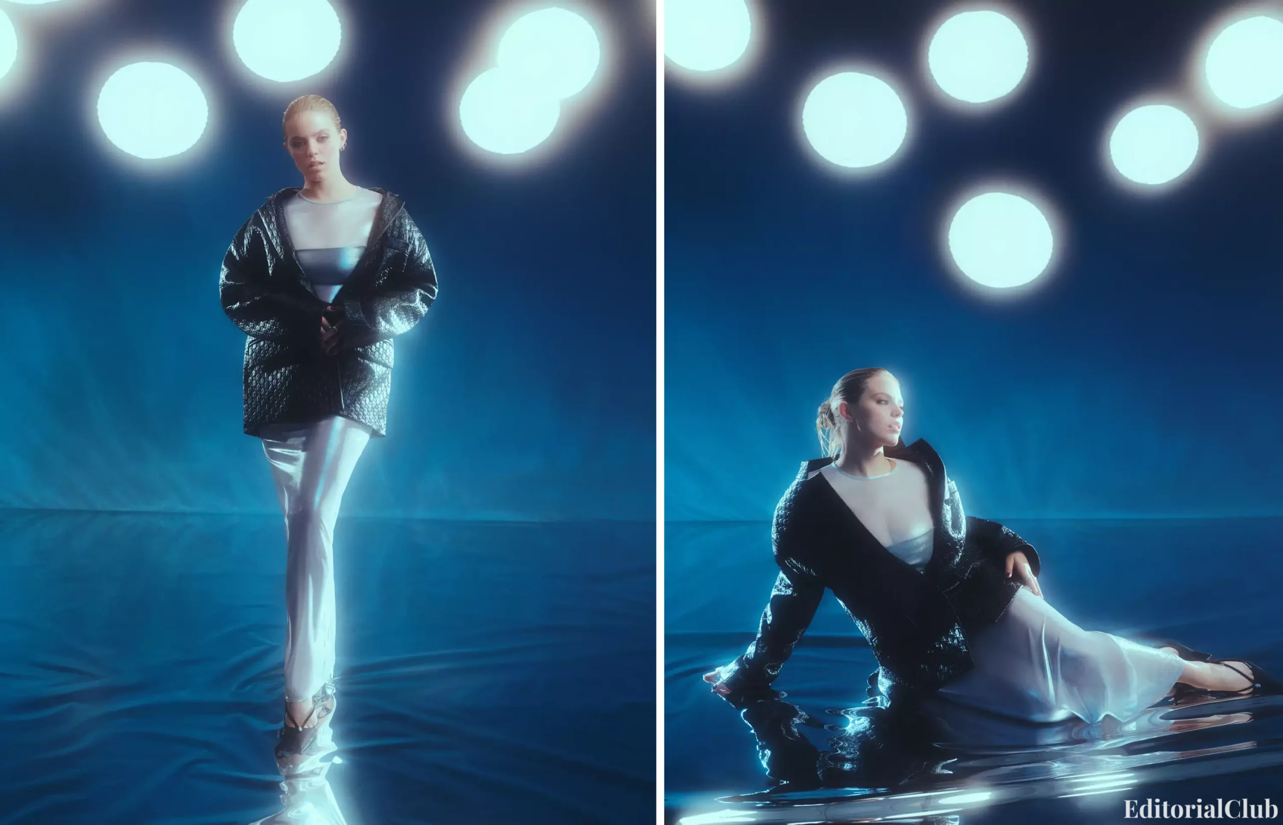 Renee Rapp in a futuristic silver gown and quilted jacket, standing under studio lights with mirrored floor reflection