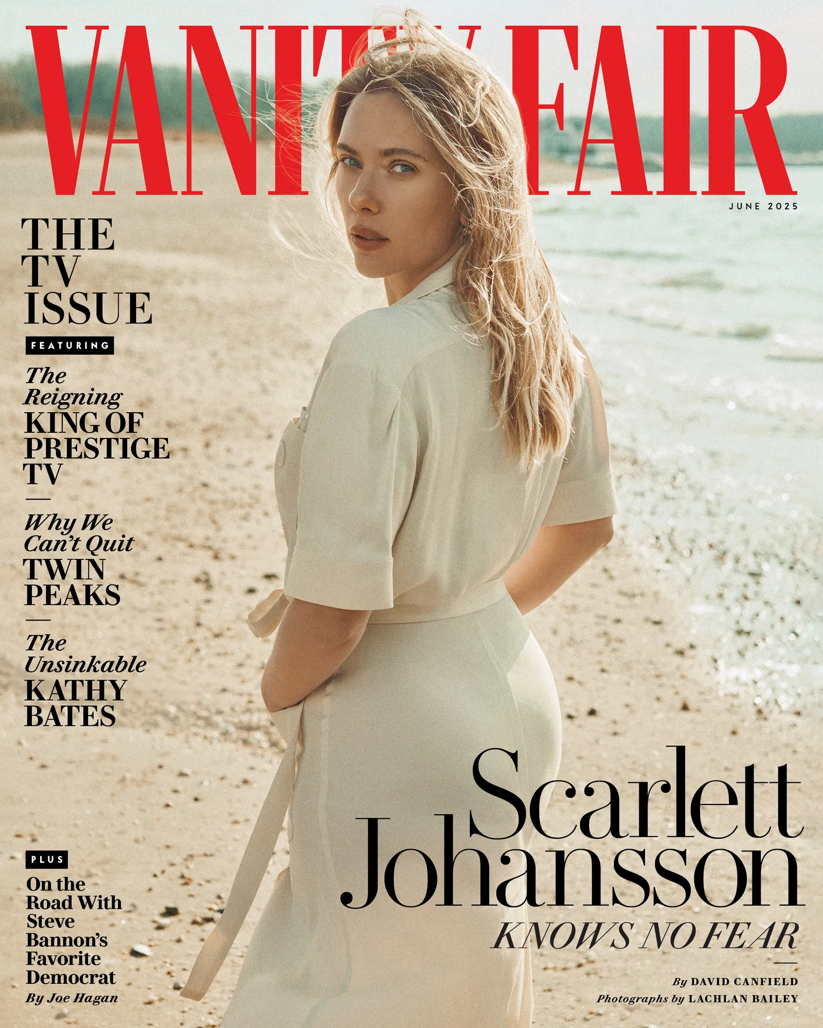 Scarlett Johansson on the cover of Vanity Fair June 2025, wearing a beige dress while looking over her shoulder on a sunlit beach.