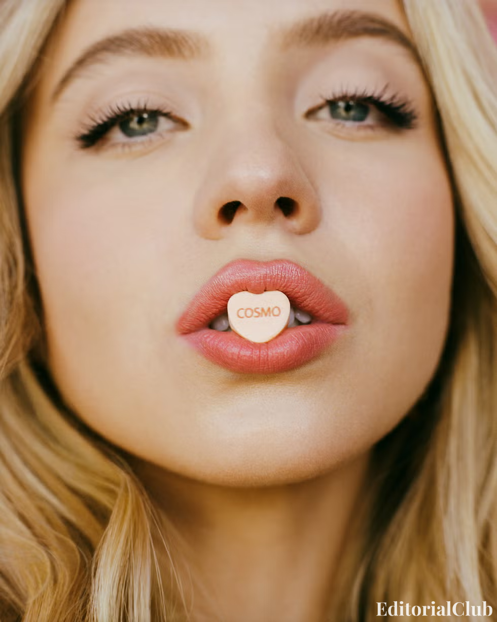 Close-up of Sydney Sweeney with a peach candy heart labeled “COSMO” between her lips, from her 2022 Cosmopolitan magazine shoot.